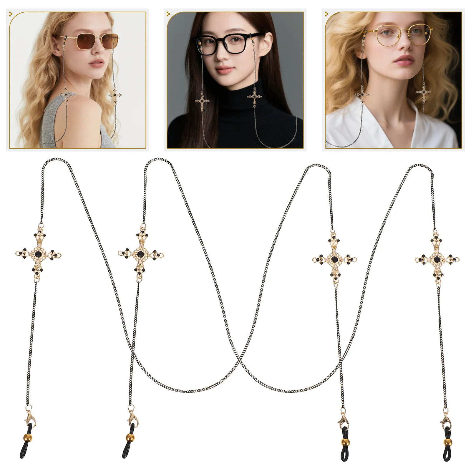 

2Pcs Trendy Gothic Eyeglass Chains Women Durable Copper Plastic Material Elegant Design Halloween Accessory Daily Wear