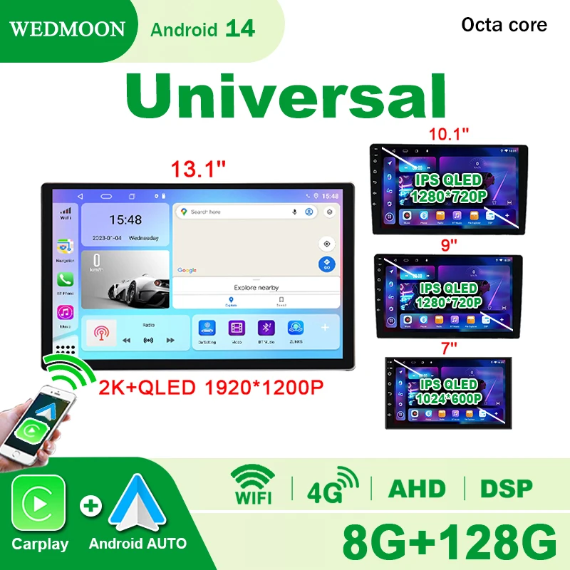 Autoradio universel avec écran 7 "9" 10 "13.1", Carplay sans fil, Android 14, autoradio stéréo pour VW Volkswagen Hyundai Nissan Toyota WIFI