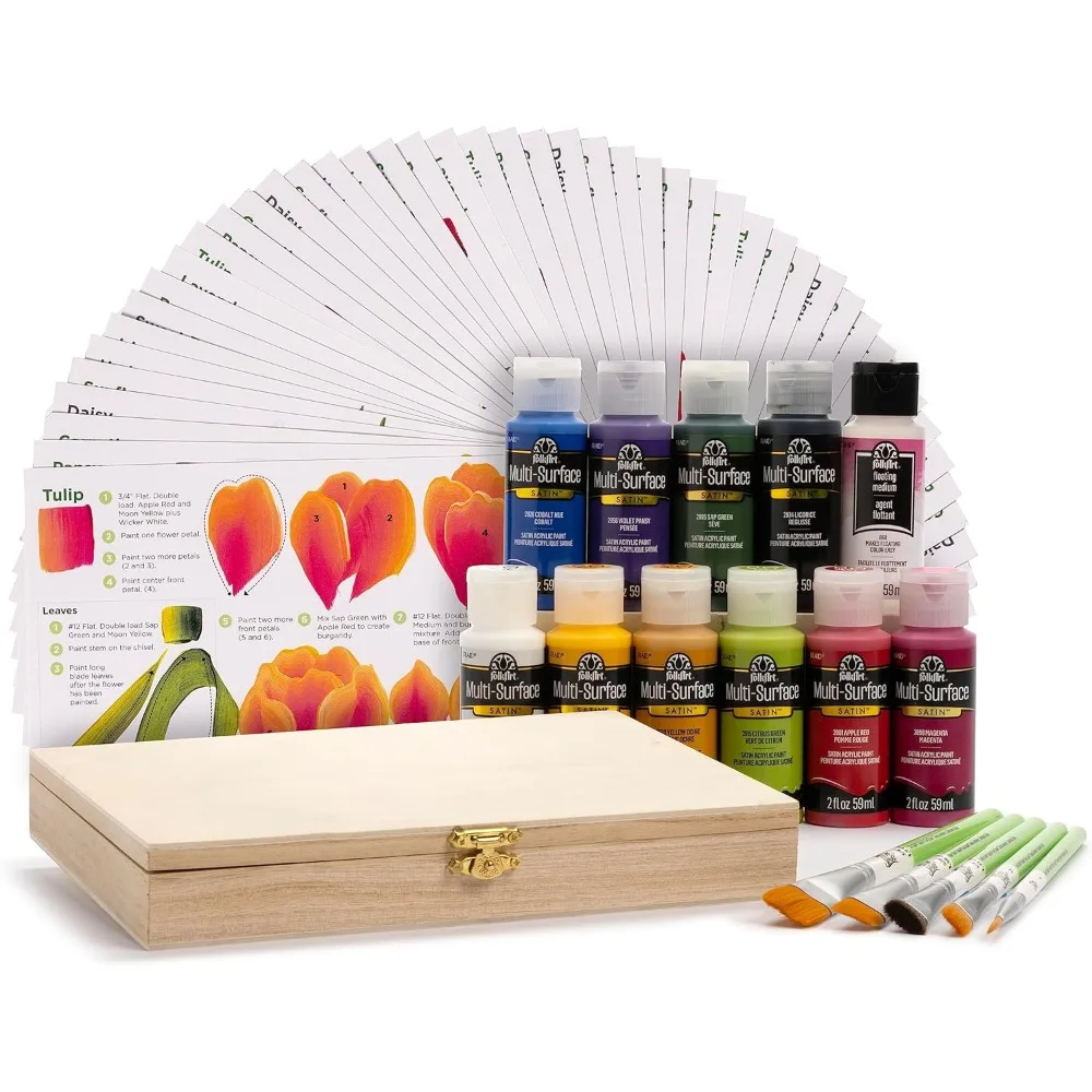 One Stroke A to Z of Floral Painting Kit, Including 10 Multi-Surface Paints, 5 Brushes,Color Teaching Guides, Floating Medium