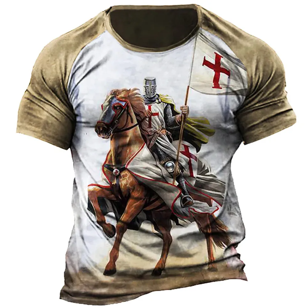 2023 New Vintage Men\'s T-shirts Knights Templar Print For Men Summer Oversized Tops Short Sleeve Tees Casual O-Neck Men Clothin