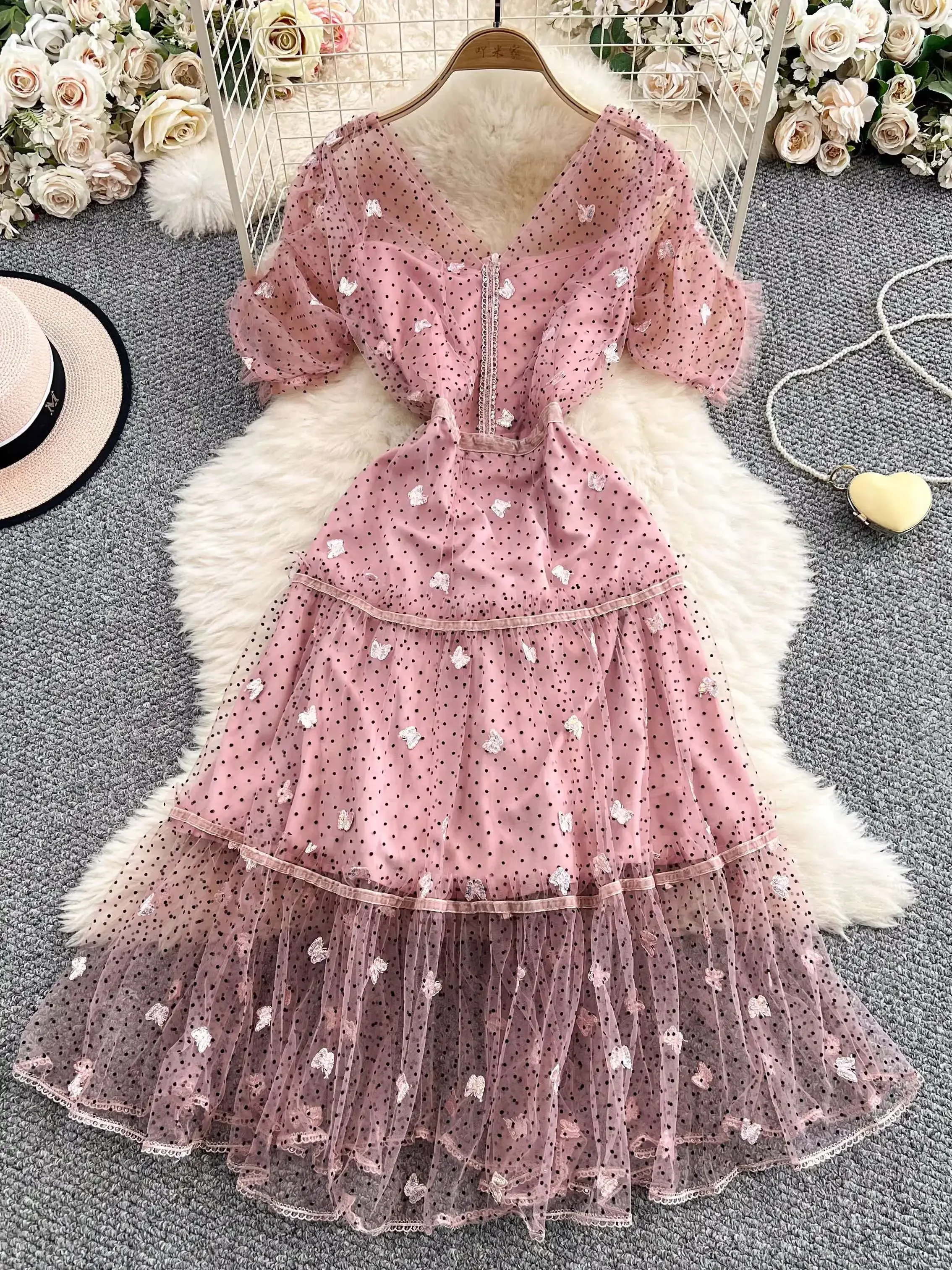 

Elegant Butterfly Embroidery Midi Dress, Summer Short Sleeve Crochet Party & Evening Dress for Women