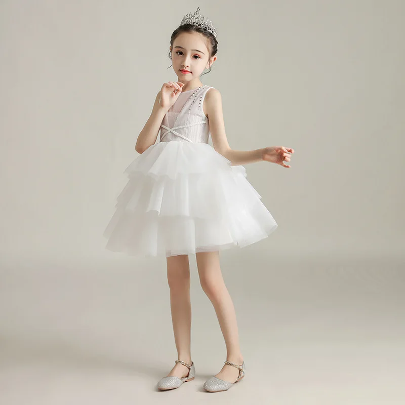 

Свадебные платья с белым цветком для девочек, праздничное платье принцессы цвета шампанского с длинными рукавами, выступление на фортепиано