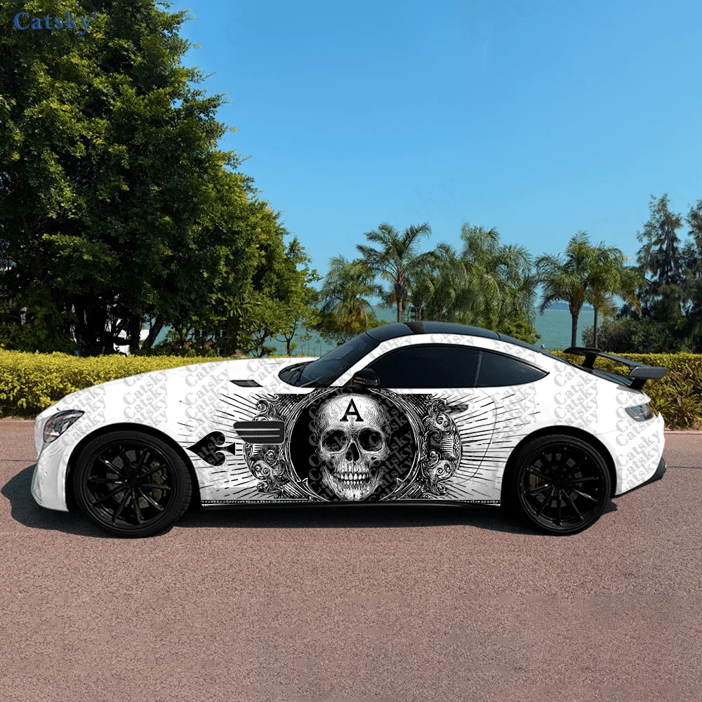 

2pcs Poker Spade Skull Car Side Wraps, Self-Adhesive PVC Waterproof & Scratch-Resistant Stickers, Car Accessory Gift