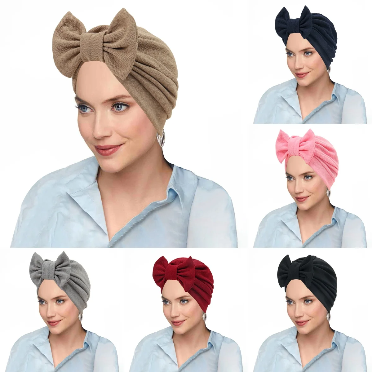 

2025 New Fashion Bow Women Muslim Hijab Caps Wrap Head Soft Strech Ladies Turban Bonnet Solid Color Headdress Wearable