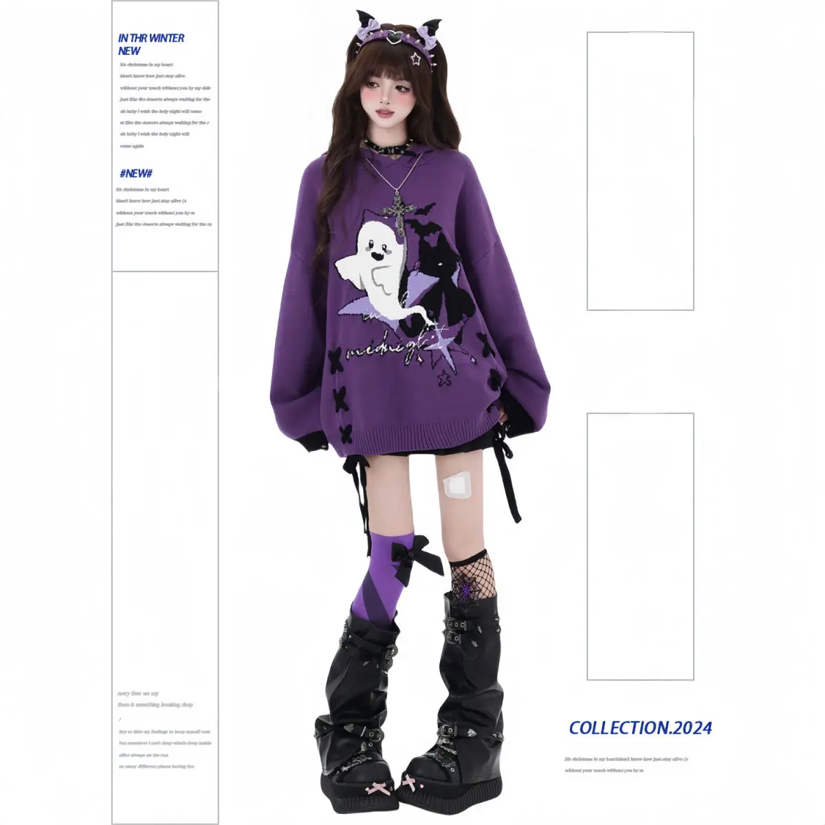 ​ ​ Maglione Phantom Alt da donna allacciato con spalle scoperte oversize nero viola color block gotico peluche invernale lavorato a maglia caldo stile Alt ​ ​
