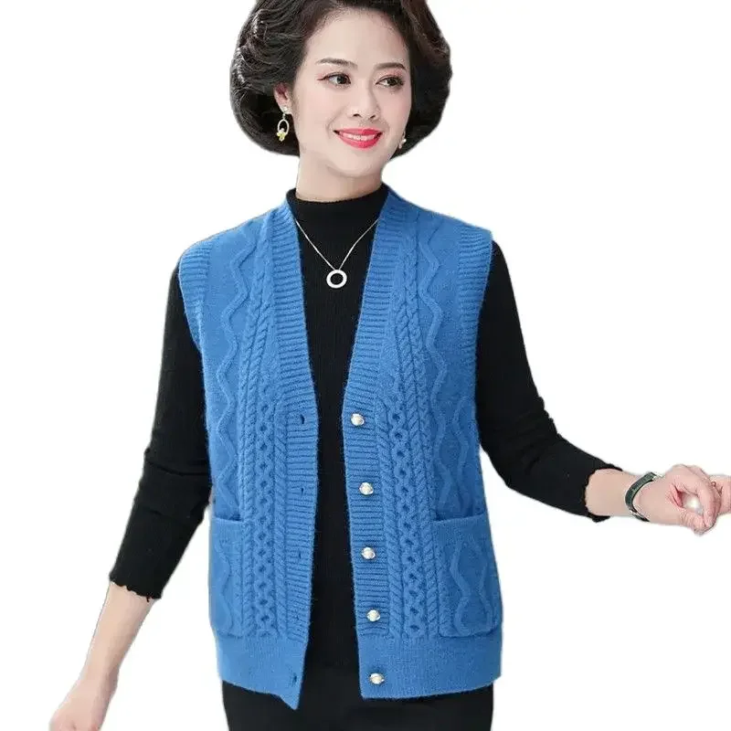 

Middle-Aged Elderly Mother Vest Spring Autumn V Neck Knit Cardigan Fashion Grandmother Waistcoat Women Sleeveless Vest LJ251