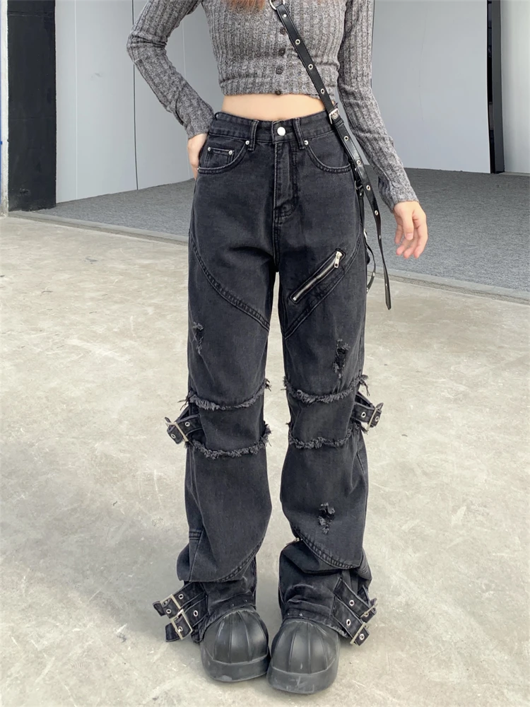 

Женские винтажные черные лоскутные дизайнерские джинсы с высокой талией, прямые винтажные брюки 90-х годов, уличная одежда, повседневные джинсовые брюки Y2K