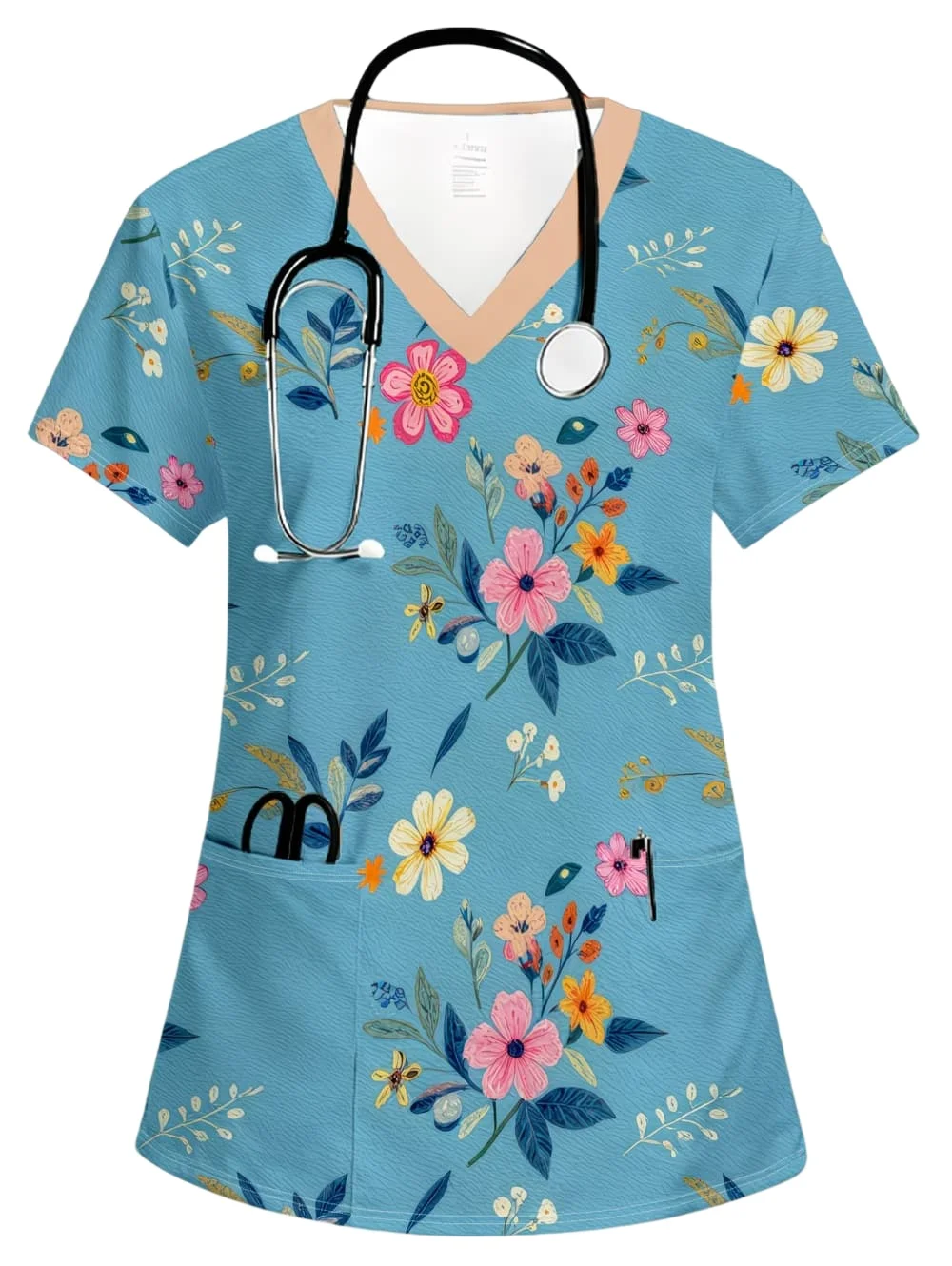uniformes-femininos-medicos-com-estampa-floral-design-de-decote-em-v-e-bolsos-confortaveis-elegantes-e-de-manga-curta