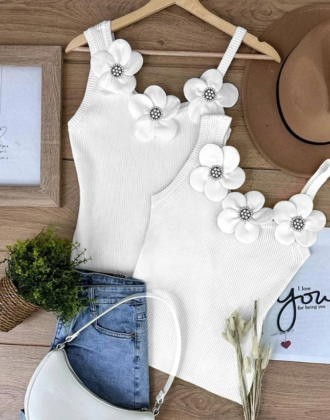 Chaleco con estampado Floral para mujer, camiseta sin mangas de punto con cuentas de retales, cuello asimétrico, tirantes ajustados para vacaciones,