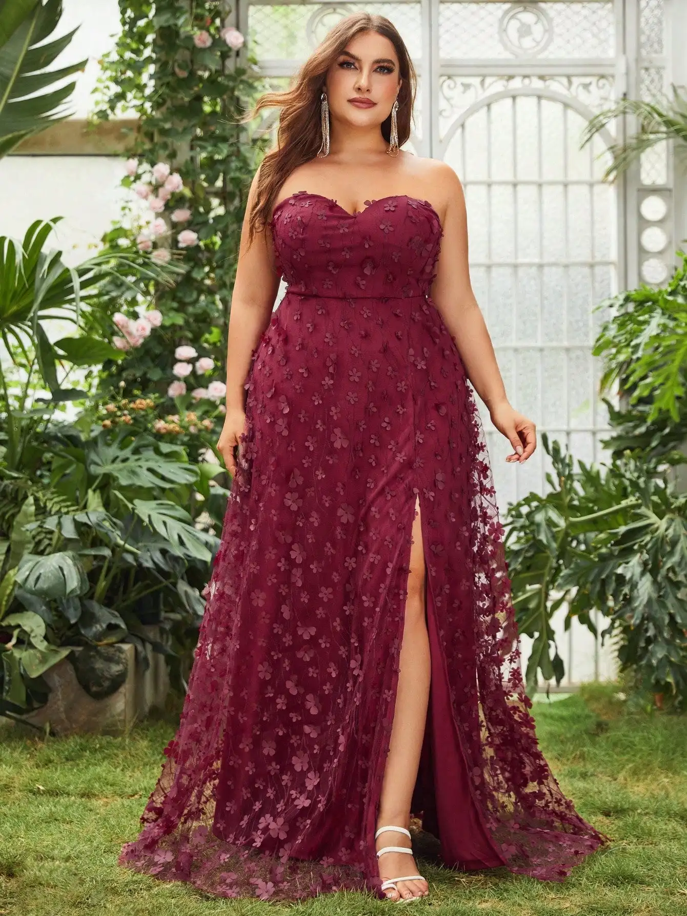 Plus Floral Appliques Split Thigh Mesh Tube Party Dress