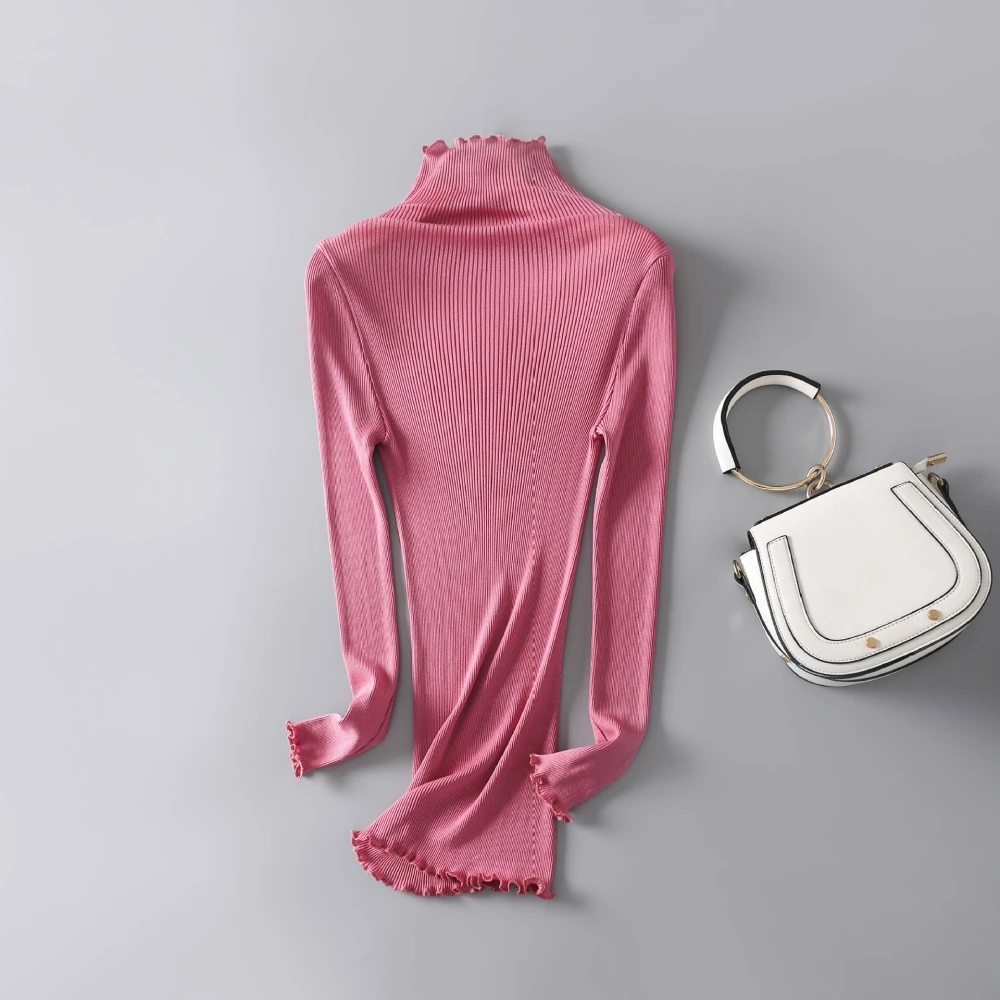 Birdsky, Women long sleeve turtleneck pullover Tops Tees ruffles high collar slim fit extended Rib 70% mulberry silk, OR-46