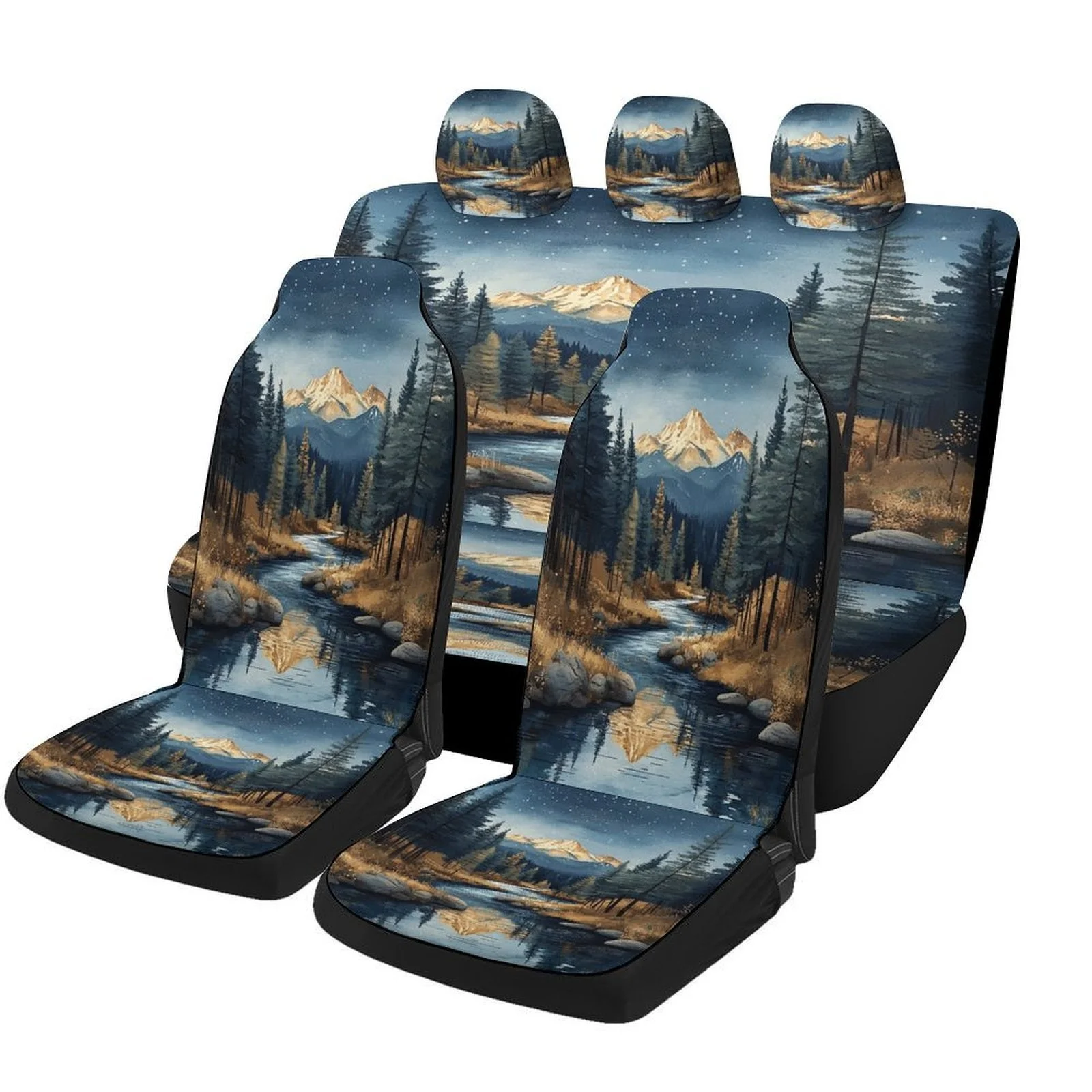 Mountain Stream Night Designed Car Seat Covers Set For Most Cars, Trendy Breathable Decorative Car Seat Protector Covers Full Se