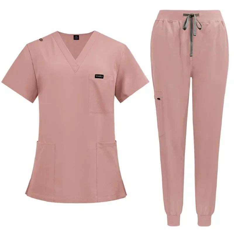 

Scrubs Uniform Suit Short Sleeve V-neck Tops+jogger Pants Set Nursing Uniform Women Multicolor Pet Doctor Scrub Medical Workwear