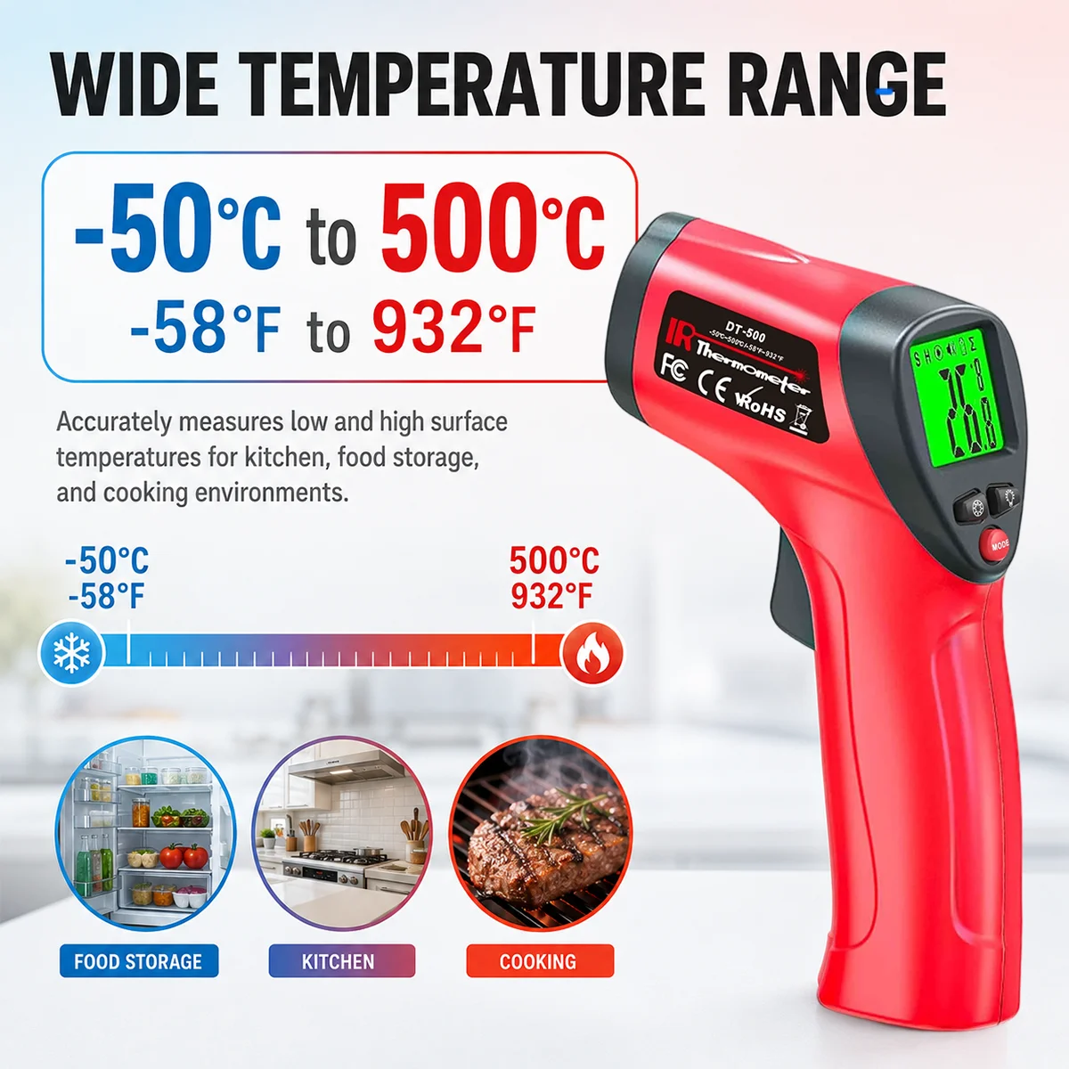 DT 500 Infrared Food Thermometer Non Contact Digital Temperature Gun for Cooking Pizza Oven Griddle Grill BBQ Baking Kitchen Use