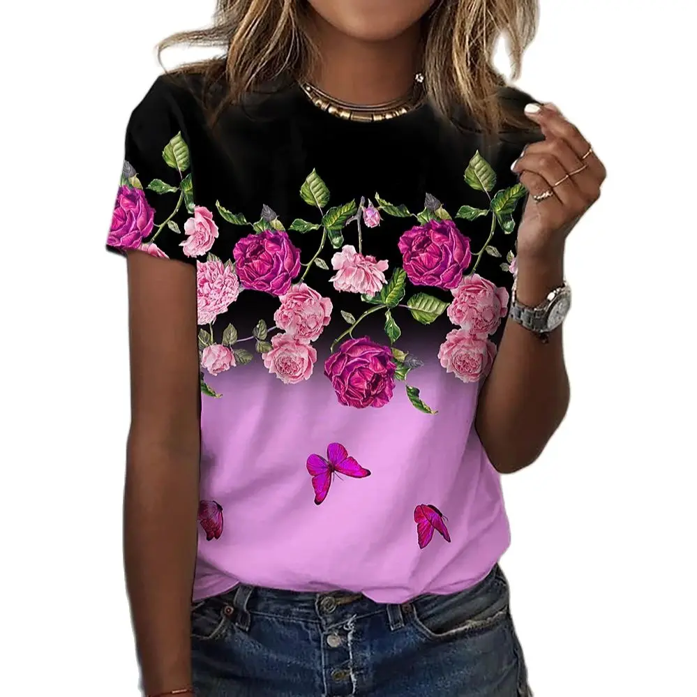 Camiseta con estampado Floral para mujer, ropa Harajuku con cuello redondo, Jersey de algodón con estampado 3D, camisetas de manga corta, ropa de