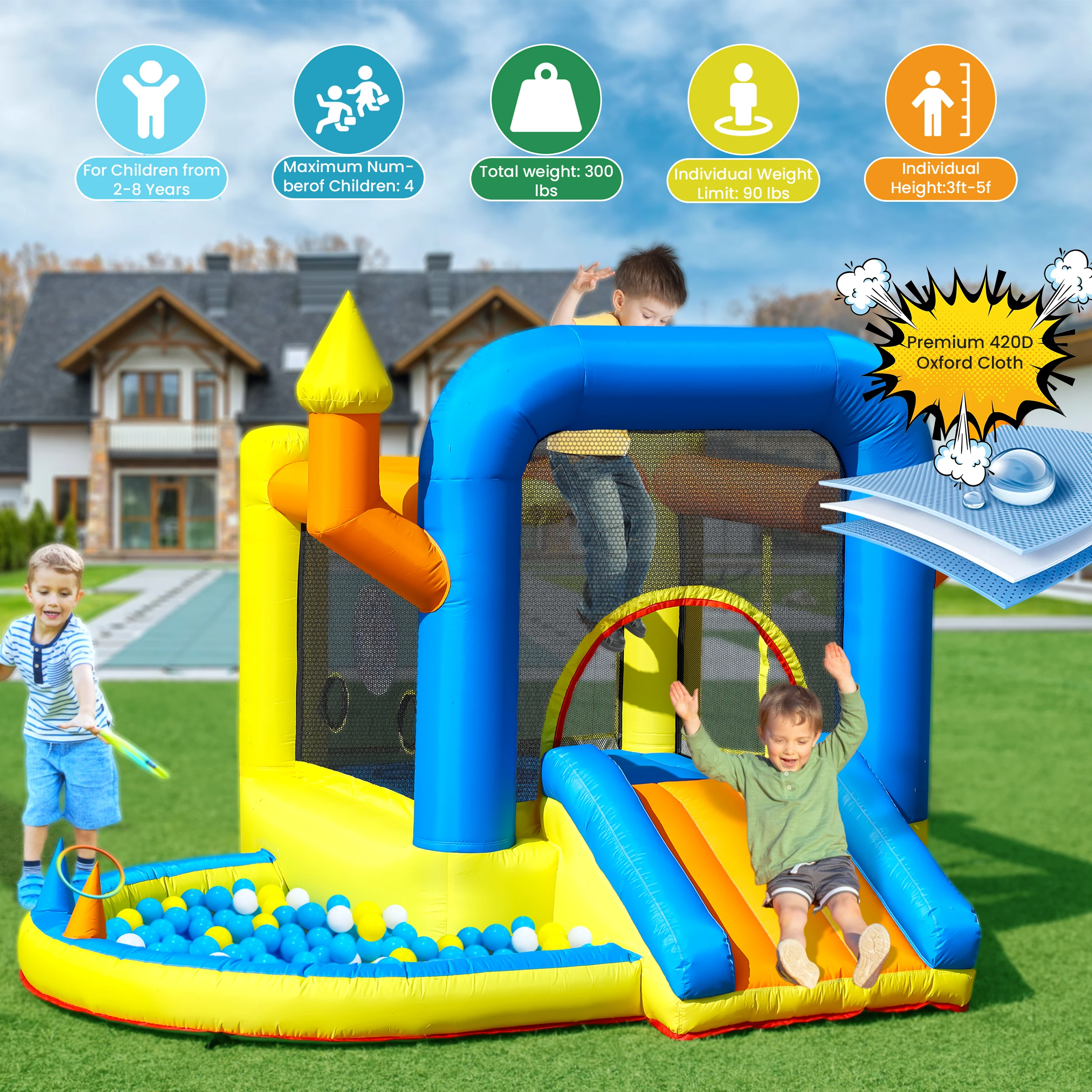 Commerciale 2.8mX2.5m Gonfiabile Bounce House Castello Salto Casa con Scivolo e Palla Pit per Bambini Parco Giochi per Bambini