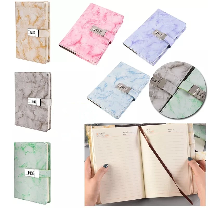 Retro password notebook With Lock marble texture PU leather cover notepad student diary office supplies planning Journal Book