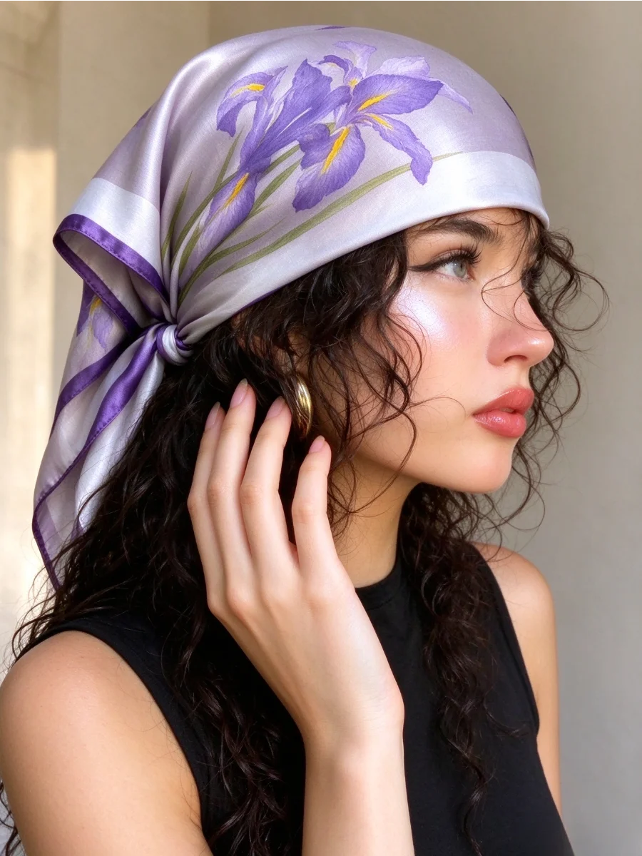 Light Purple Iris Floral Print Satin Square Scarf 70cm Women Bandana Headscarf Neck Kerchief Multi-purpose Bag Scarf Fashion Acc