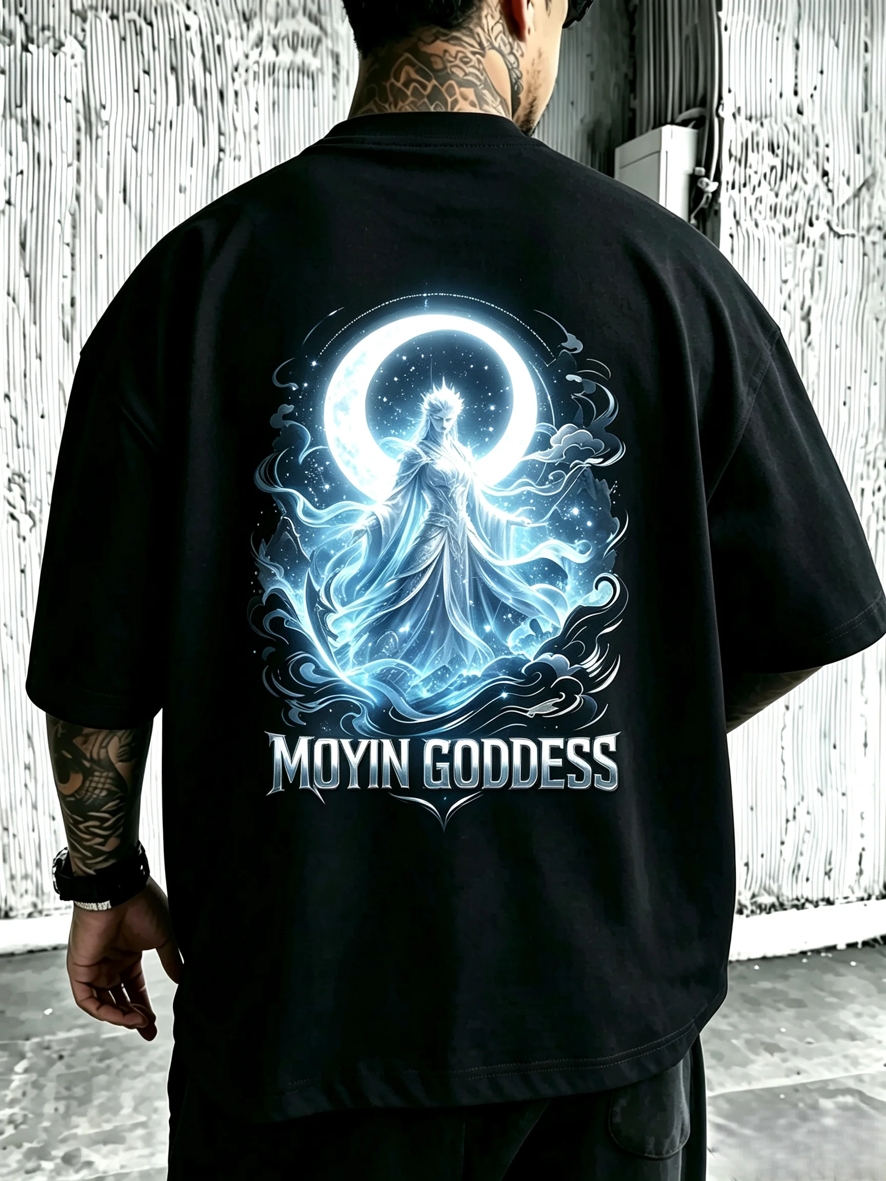 Unisex Moyin Goddess Back Print T Shirt Men Women Ice Goddess Full Moon Cloud Wave Graphic Oversized Crew Neck Short Sleeve Tee Oriental Fantasy Streetwear Cotton Top