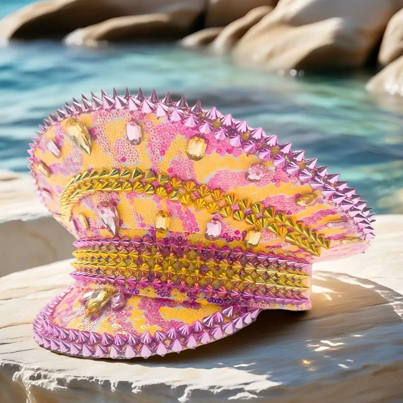 HongLuan Yellow Laser Leather Loop Captain Hat Rhinestone & Military Caps for Woman, Rave Festivals Accessories ＆ Party Cap Man