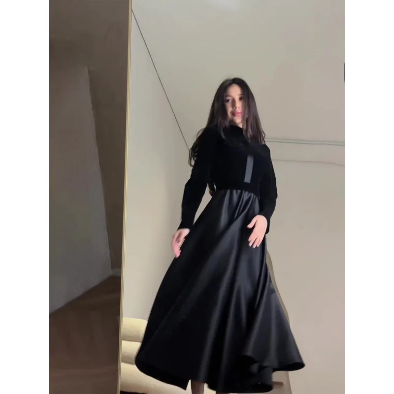 Europe and America2023New Gold Velvet Slimming Abdomen-Control Black round-Neck Long-Sleeved Dress Women