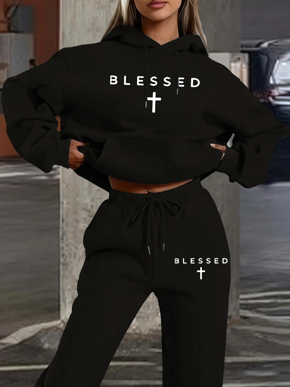 2 Piece Hoodies Set Womens Blessed Cross Prints Sweatpantswinter Fleece Warm Pocket Pants Sweatshirt Sporty Oversized Clothes