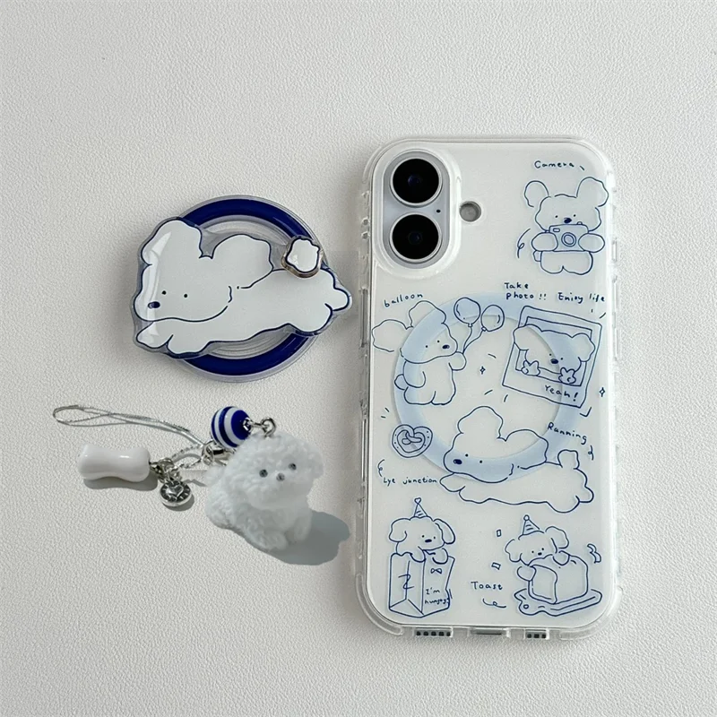 حافظة هاتف كلب صغير بخط أزرق مغناطيسي مع قلادة كلب صغير وحامل مغناطيسي لهاتف iPhone11 12 13 14 15 16 17 Pro Max