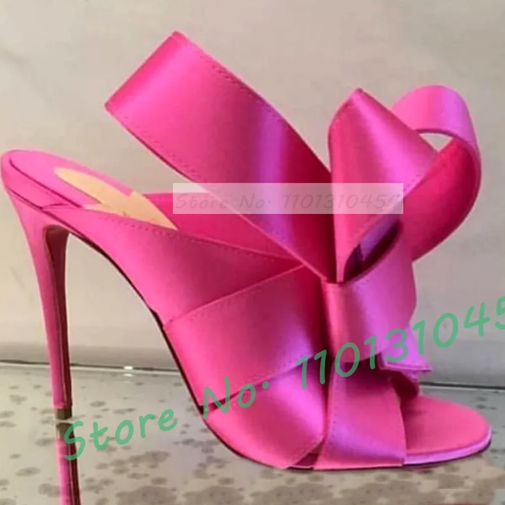 Satin Bowknot High Heels Mules Women Feminine Sexy knotted Flower Rose Red Shoes Summer Ladies Gorgeous Riband Peep Toe Slippers