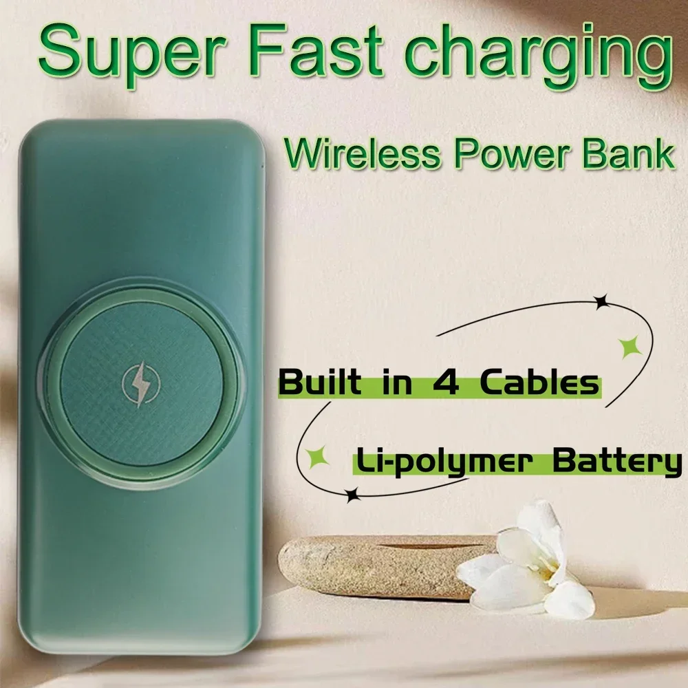 20000mah Wireless Power Bank Built-in Quad Power Cable Portable High Capacity Fast Charging For Xiaomi Iphone 15 14 13 Samsung