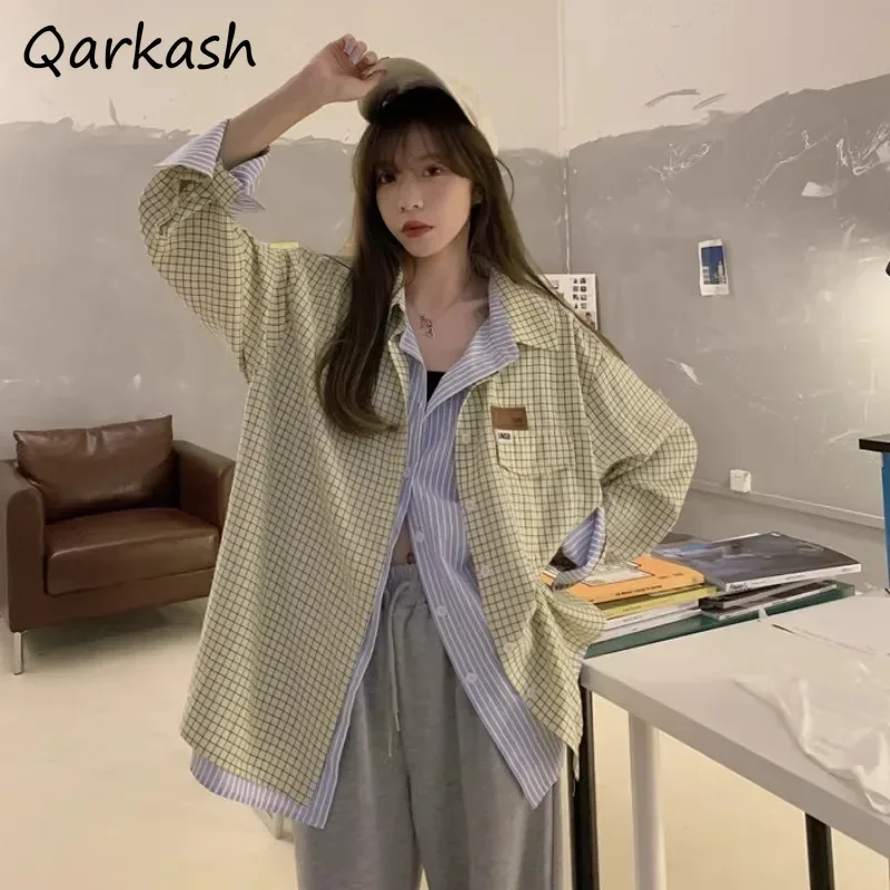 

Casual Shirts Women Ulzzang Plaid Contrast Color Fake 2pcs Patchwork Trendy Design Hipster Streetwear Autumn Long Sleeve Tops