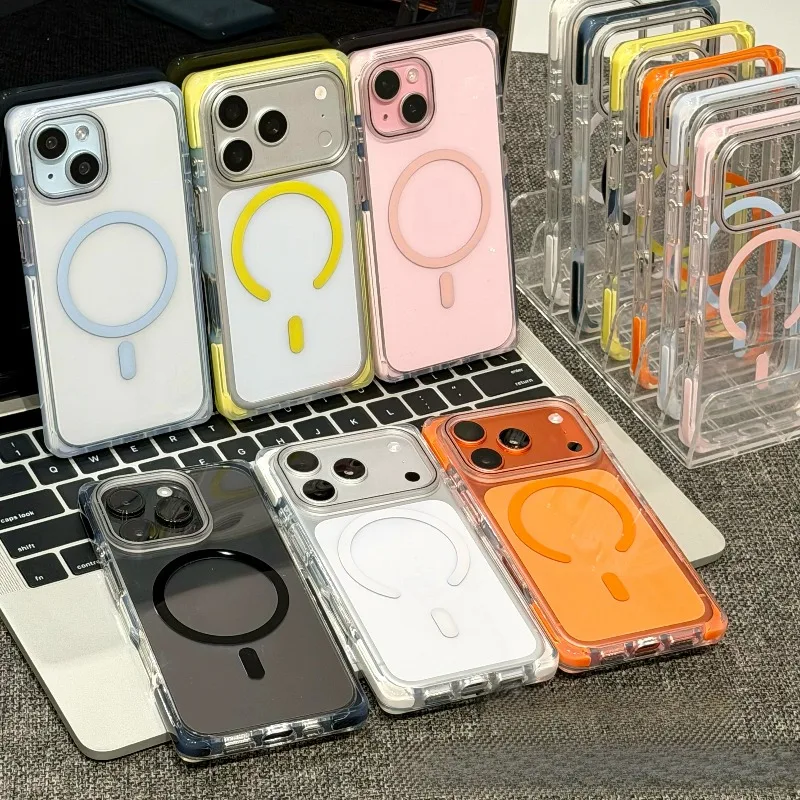 Premium Contrasting Color Simple For Magsafe Phone Case For iPhone18 Pro Max 17 16 15 Wireless Charging Reinforced Corners Cover