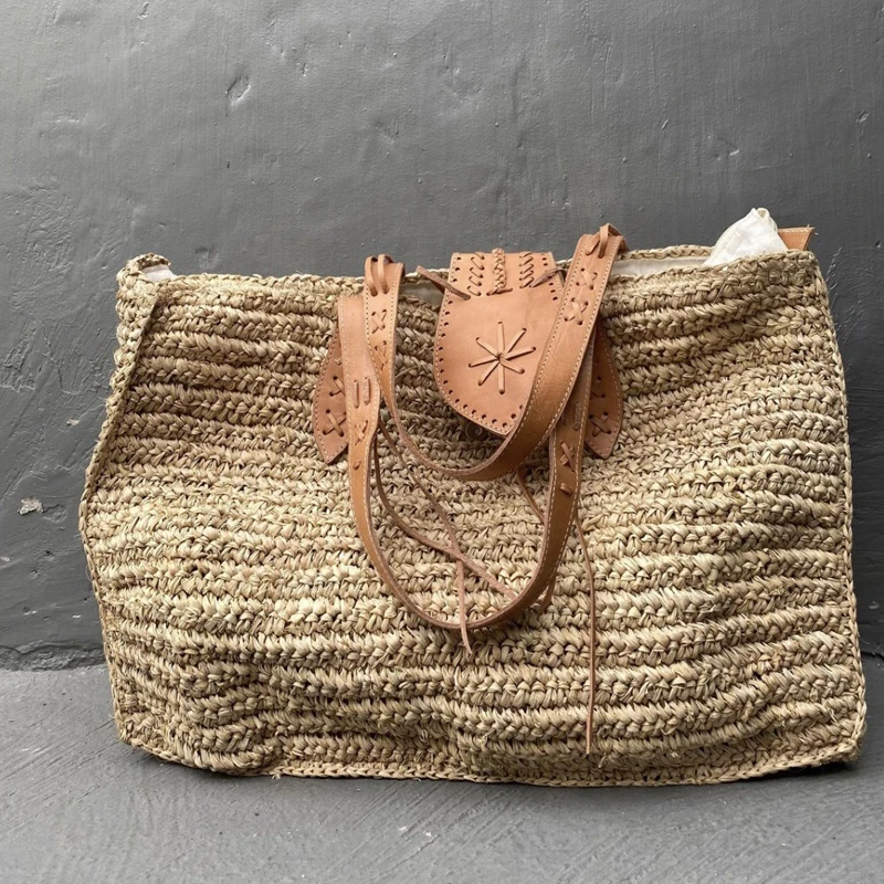 Raffia Straw Bag For Summer Seaside Holiday Travel Beach Bags Women Tropical Leather Hangbag Crochet Large ToteBag Reticule Chic