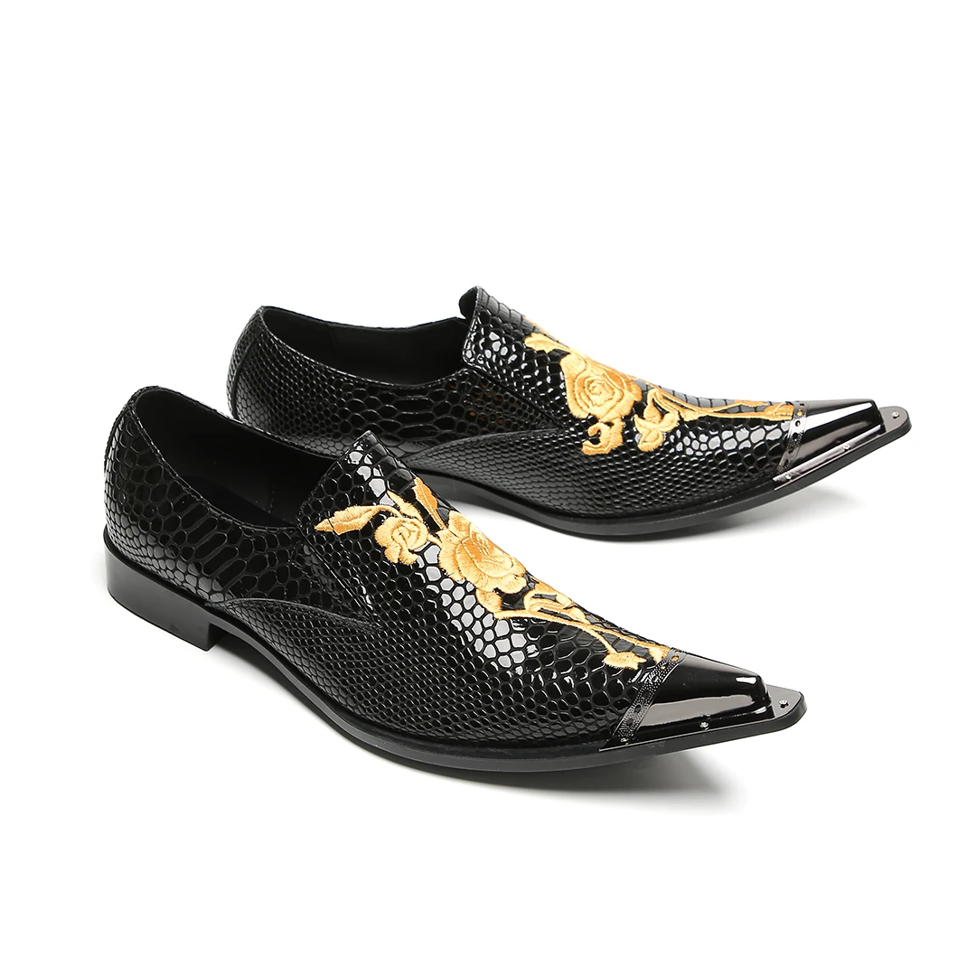 Schwarze Herren-Kleiderschuhe aus Leder mit goldener Blumenstickerei | Schlange – Hautstruktur und spitzes Zehen-Design – Detail 8