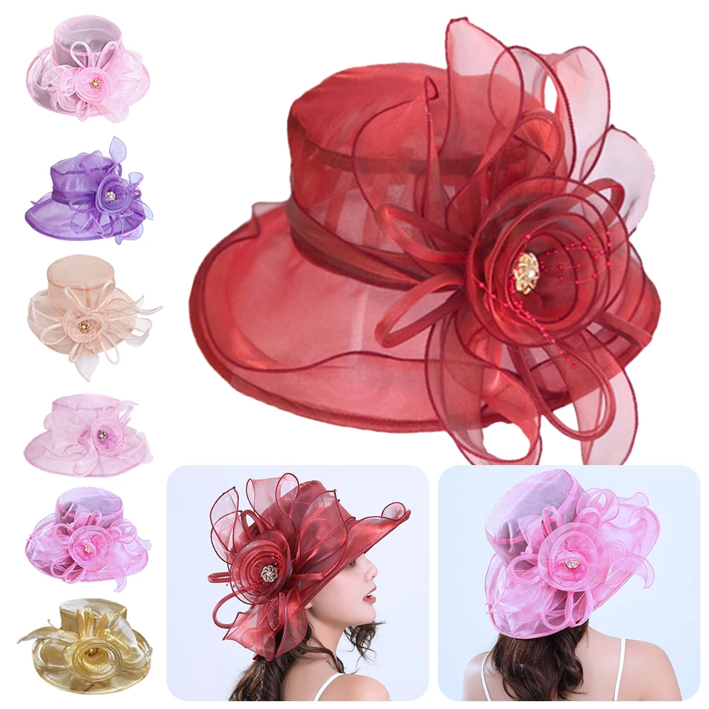

Flower Mesh Organza Hat Wide Brim UV Protection Sun Hat Breathable Bridal Tea Party Wedding Cap