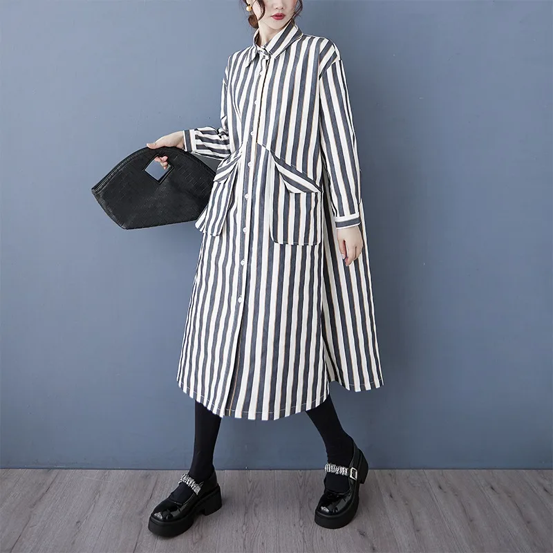 봄가을 니치 디자인 포켓 루즈핏 캐주얼 셔츠 스커트 패셔너블하고 다재다능한 스트라이프 한국 버전 원피스