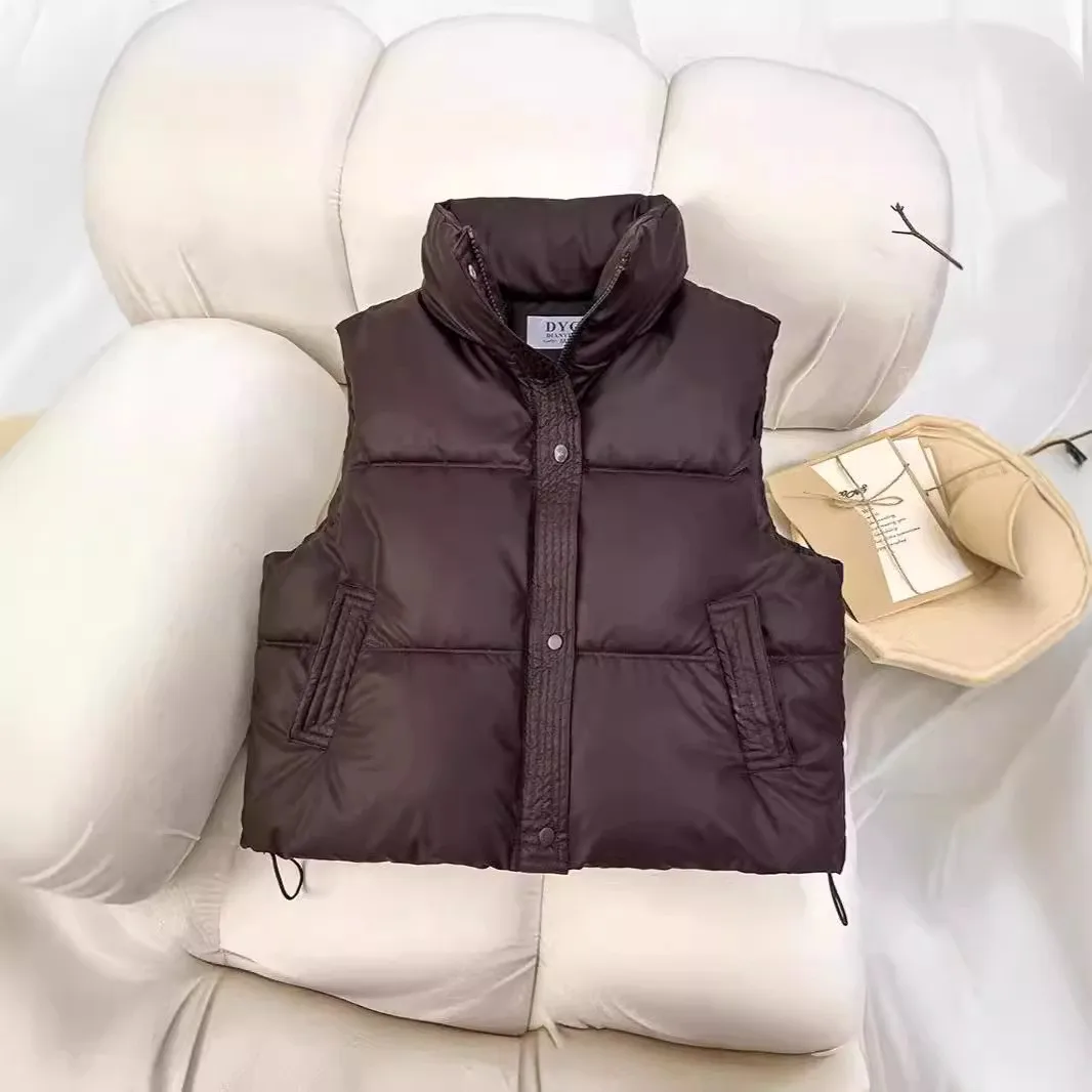 Women's Puffer Vest Winter Coat Female Down Vest with Stand Collar Zipper Closure Loose Fit Solid Color Pocket Detail Casual