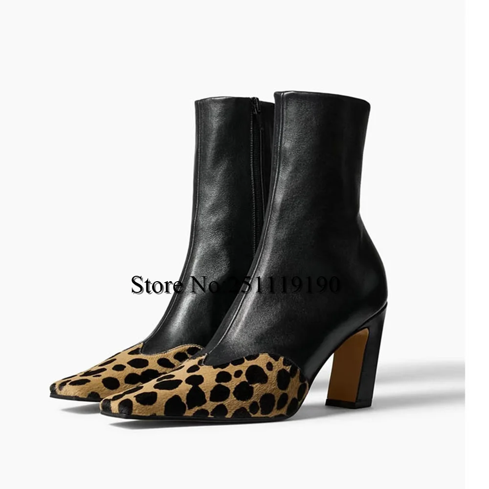 Leopard Print Pointed Toe Women's Ankle Boots Black High Heels Fashion Slip-On Dressy Shoes Women's Fall Winter Footwear Booties