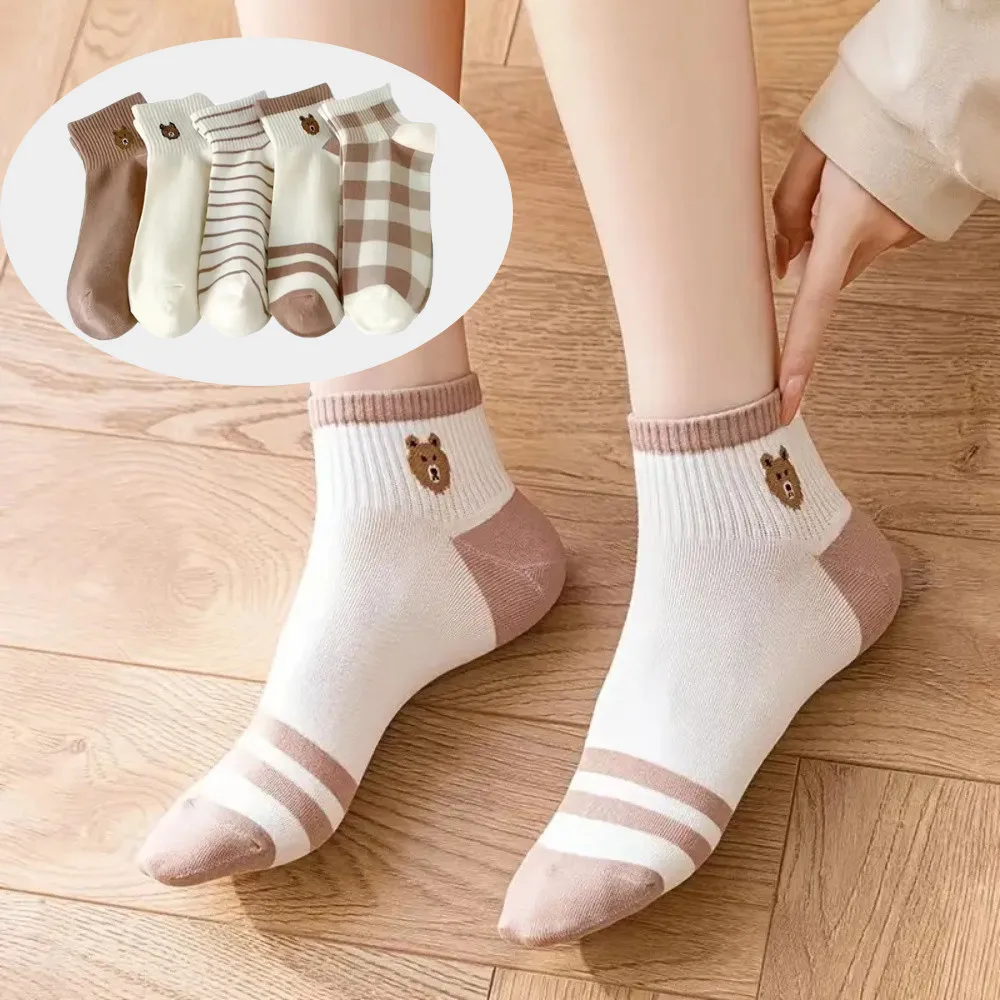 5 Pairs Women Low Tube Socks Set Cute Bear Pattern Fashion Breathable For Female Casual Style Comfortable Socks