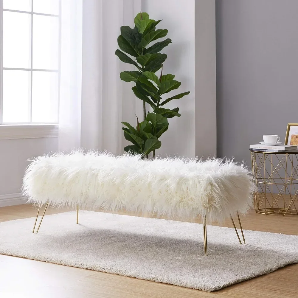 

Modern Contemporary Faux Fur Long Bench Ottoman Foot Rest Stool/Seat with Gold Metal Legs - 15" L x 45" W x 15" H (White)