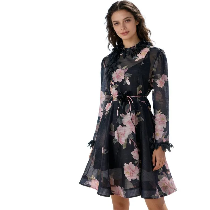   Nuovo modello di fiori di tè in lino Bla 3D piccolo fiore lungo Sve ort Dr Street Sle vita alta A-Lin...