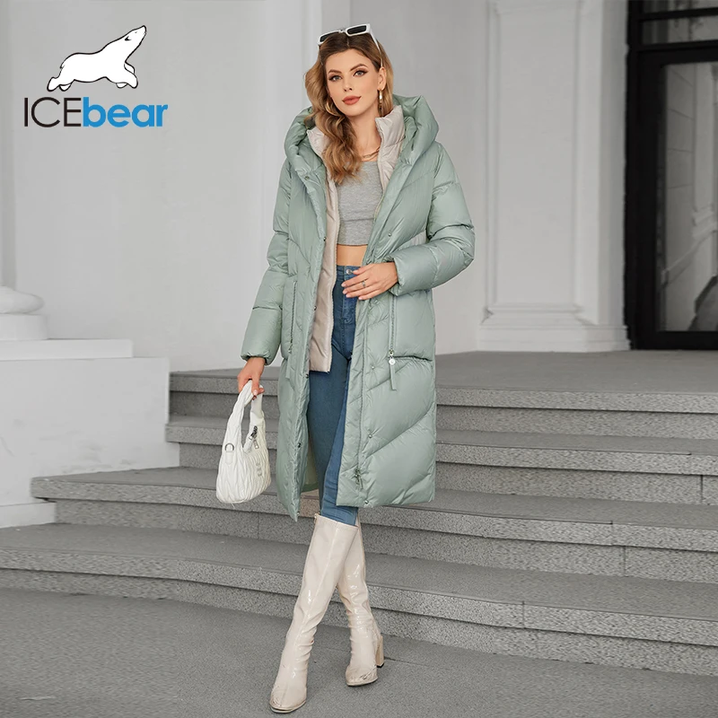 ICEbear 2024 Damen-Daunenjacke, lange Kappe, Futterclip, 2-teilig, warm, weich, große Tasche, Reißverschluss, Tröster, Damenjacke GWD4568I