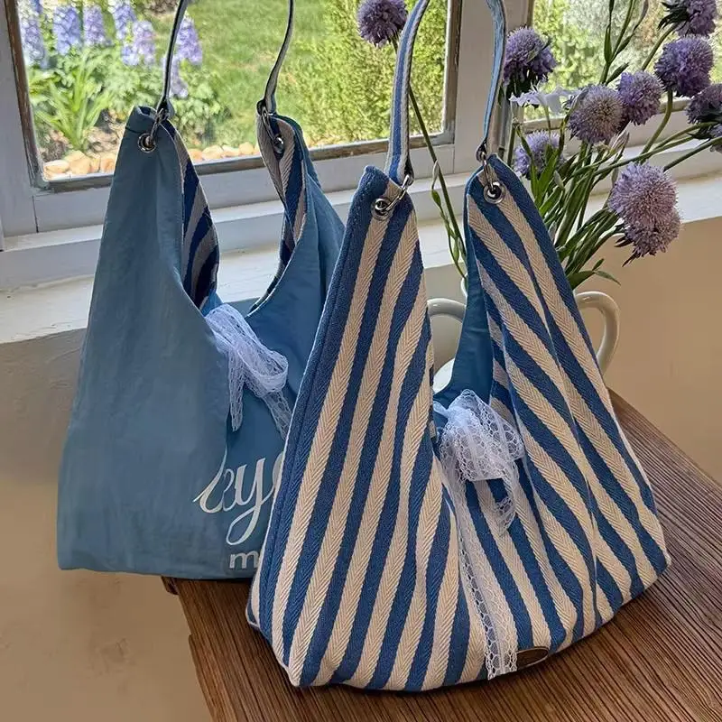 Double Sided Women Tote Bag Striped Solid Color Lace Bow Large Capacity Shoulder Bag for Daily Commute Travel Casual Use