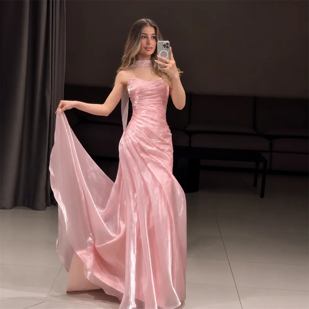 Luxury Pink Strapless Evening Dress Long Prom Gown with Train for Birthday Debutante Wedding Banquet Party Bridesmaid Dresses