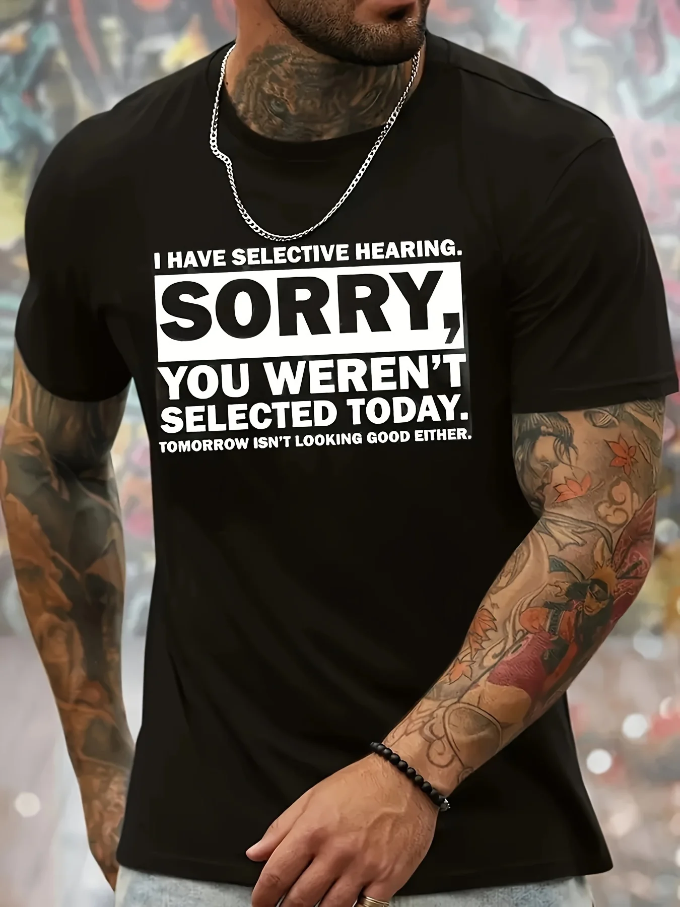 Men's 'I Have Selective Hearing, Sorry You Were Not Selected Today' Pattern T-Shirt - Casual Crew Neck Stretch Fabric T-Shirt, Machine Washable - MBDMBD Summer Fashion