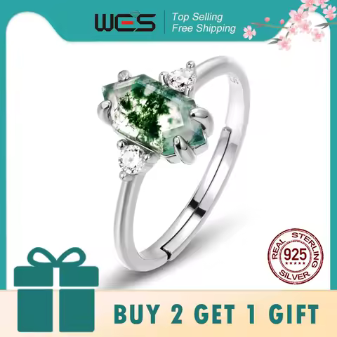 WES 925 sterling silver Moss Ring with Natural 5*10mm Water Grass Agate Stone For Woman Geometric Engagement Gift Fine Jewelry