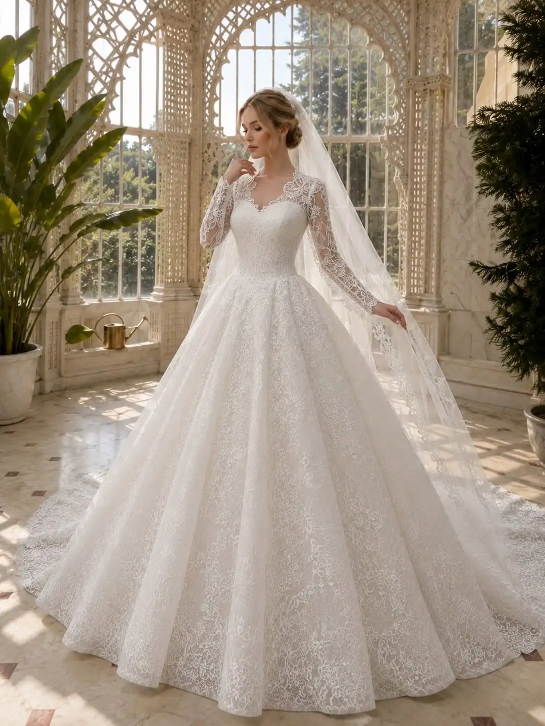 Customzied Elegant Long Sleeve Lace Wedding Dress Princess Ball Gown Sweetheart Bridal Dress Luxury Appliques