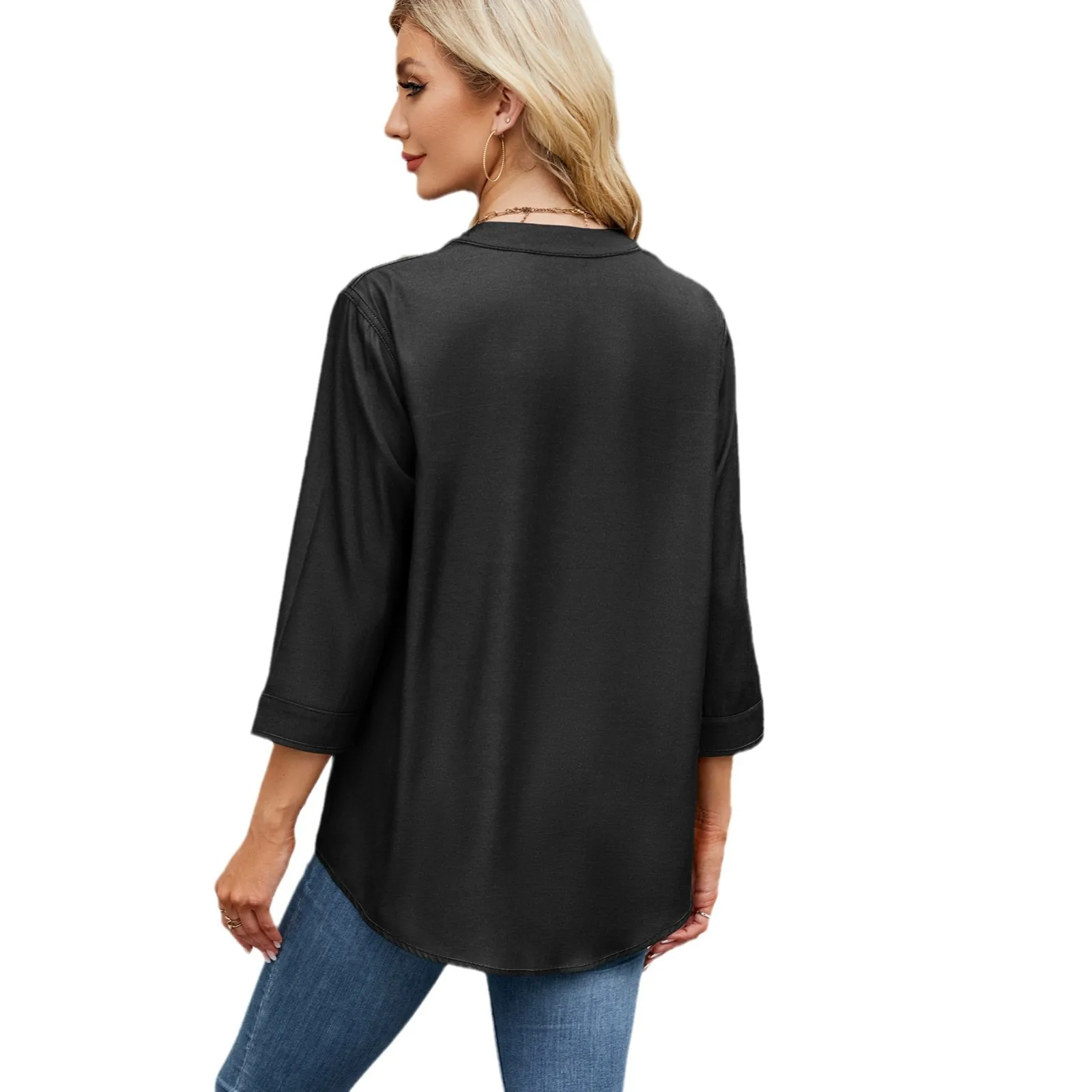 Bluzka damska Casual Shirts V Neck Full Sleeve Buttons Solid Color Loose Top 2025 Spring Summer Streetwear Female Overshirt