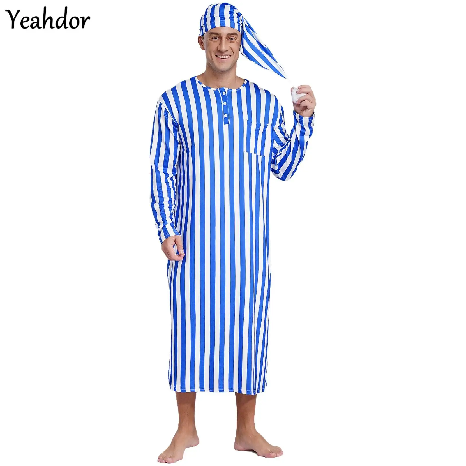 

Men Christmas Striped Sleep Robe Long Sleeve Long Robe Nightshirts And Sleep Hat Pajama Set Soft Loose Sleepwear Robe Nightdress