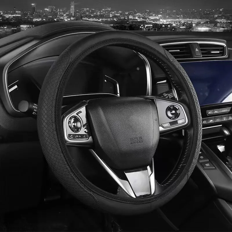 Universal 38cm Leather Steering Wheel Cover Non-Slip Wear-Resistant Embossed Car Steering Wheel Wrap
