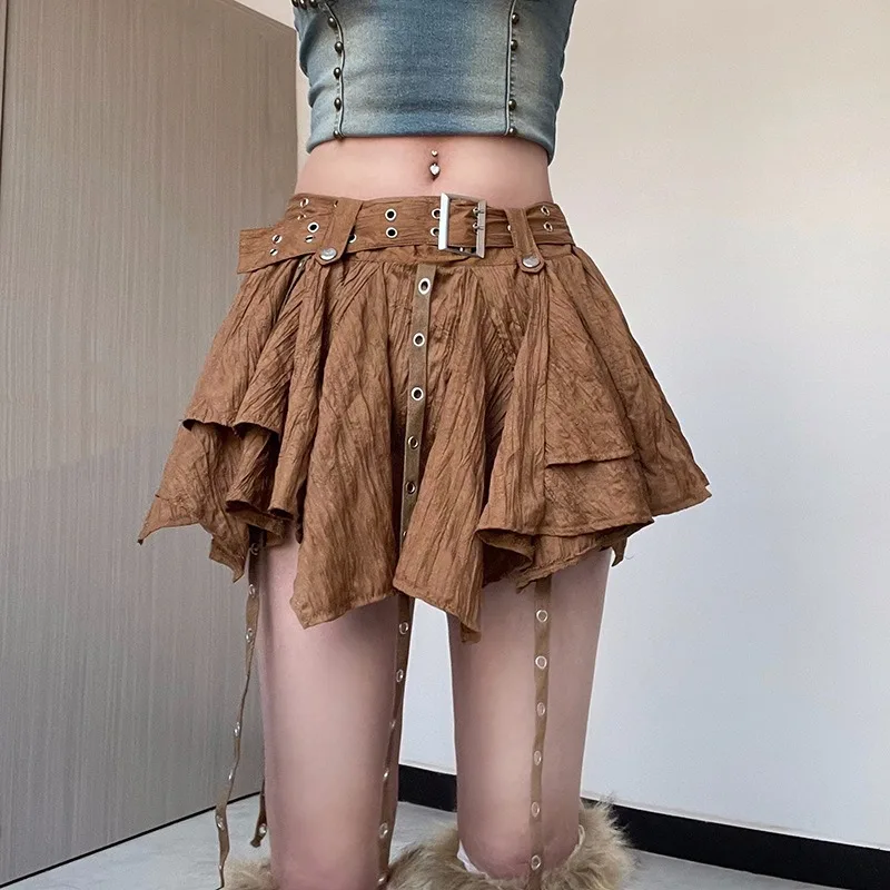 Retro Rock Irregular Hem, Corns, Ribbon, High Waisted Skirt, Spring and Summer New Style, Belt, Solid Color